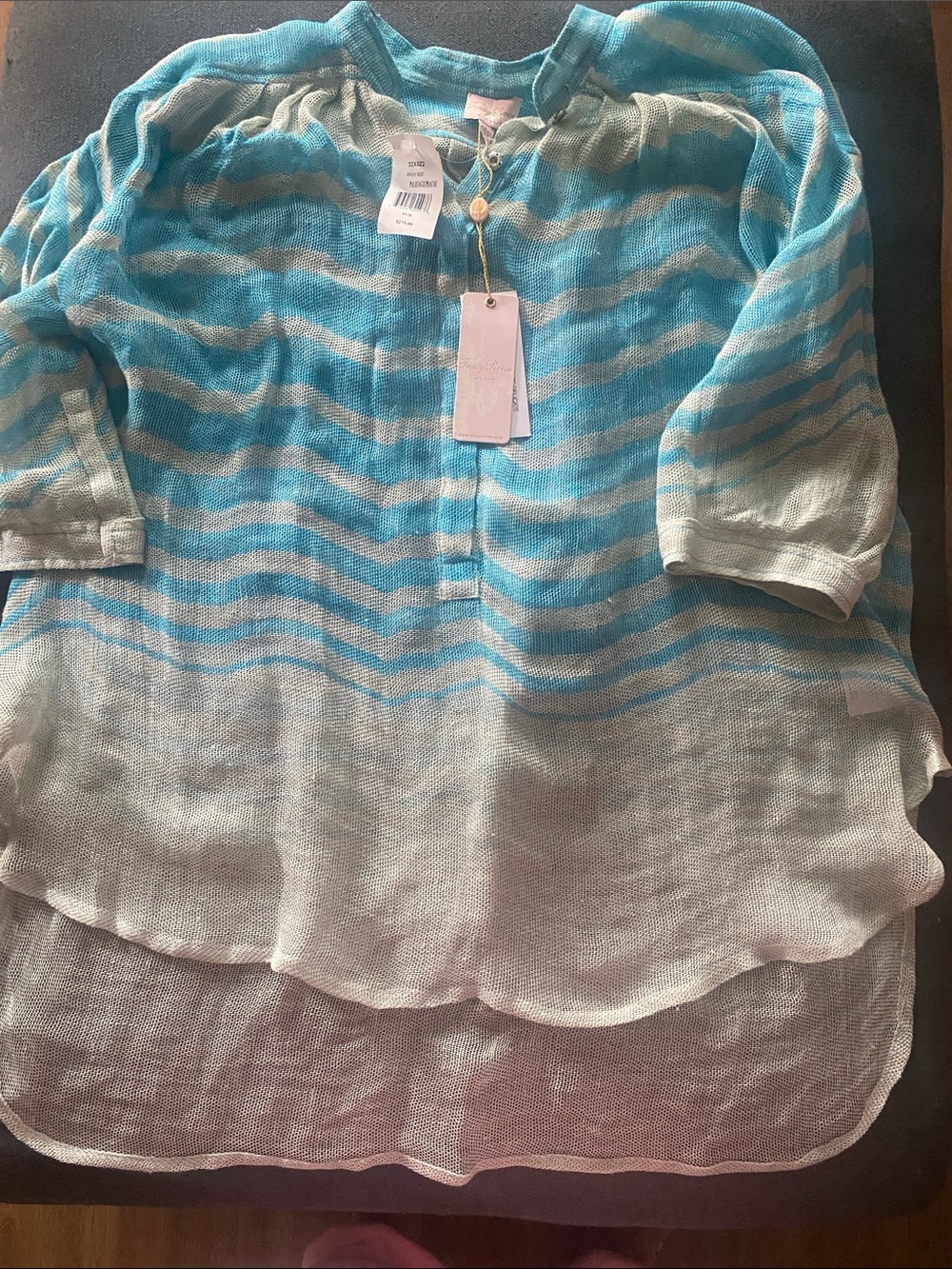 Linen Striped Sheer Ombre Tunic Top in Aqua and Light Gray